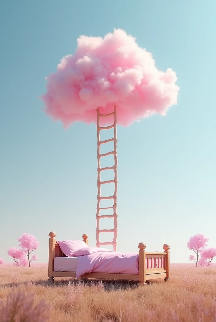 chaoxianshi,surrealism,pink cloud,a bed and a pink cotton are connected by a wooden ladder in between,ladder,bed in grassy field,blue sky,