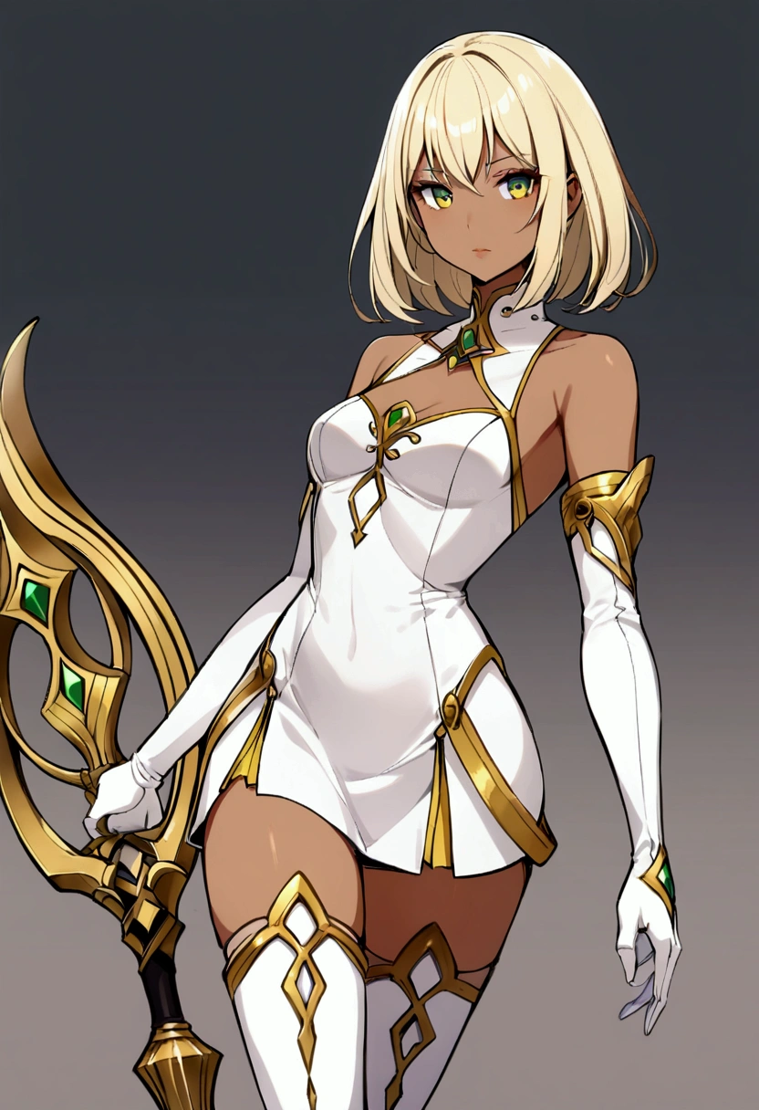slender, mature female, rating:safe, 1girl, blonde_hair, solo, thighhighs, green_eyes, detached_sleeves, dress, boots, weapon, gloves, bare_shoulders, white_legwear, zettai_ryouiki, breasts, elbow_gloves, short_dress, short_hair, dark_skin, small_breasts, looking_at_viewer, thigh_boots, yellow_eyes, long_hair,