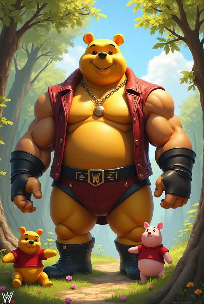 Crea una imagen donde fusiones a mark henrry de la WWE y a winni pooh