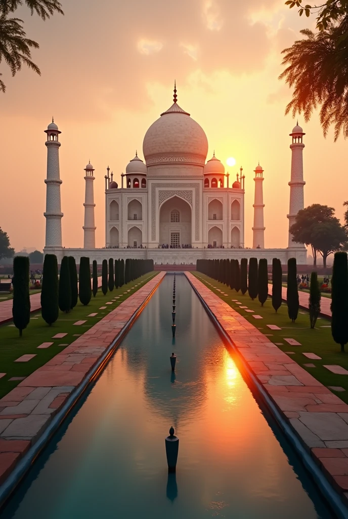*Sunset view of the Taj Mahal, glowing in the fading light.