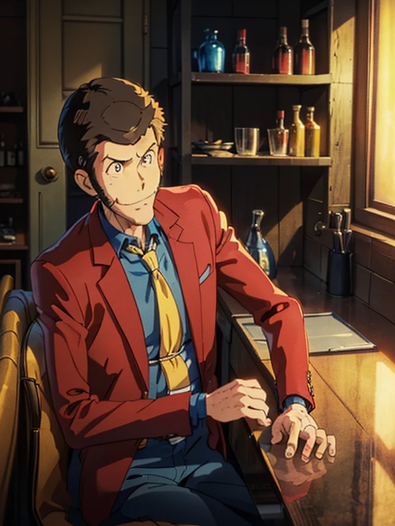 Lupin, (Red jacket, Blue shirt, yellow tie, very very short hair), Close-up, Toon Shader Rendering, Natural side Lighting, ((A slightly dimly lit bar, Sit at the counter)), Slightly Smile with mouth closed, With a glass, The correct number of fingers, Nice atmosphere, Anime style illustration, ((masterpiece, best quality, high resolution))