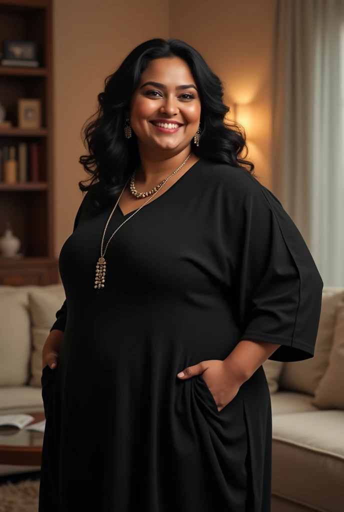 kerala chubby curvy female with  black hairs. Wearing black kurtis in living room..ultra Realistic photo.