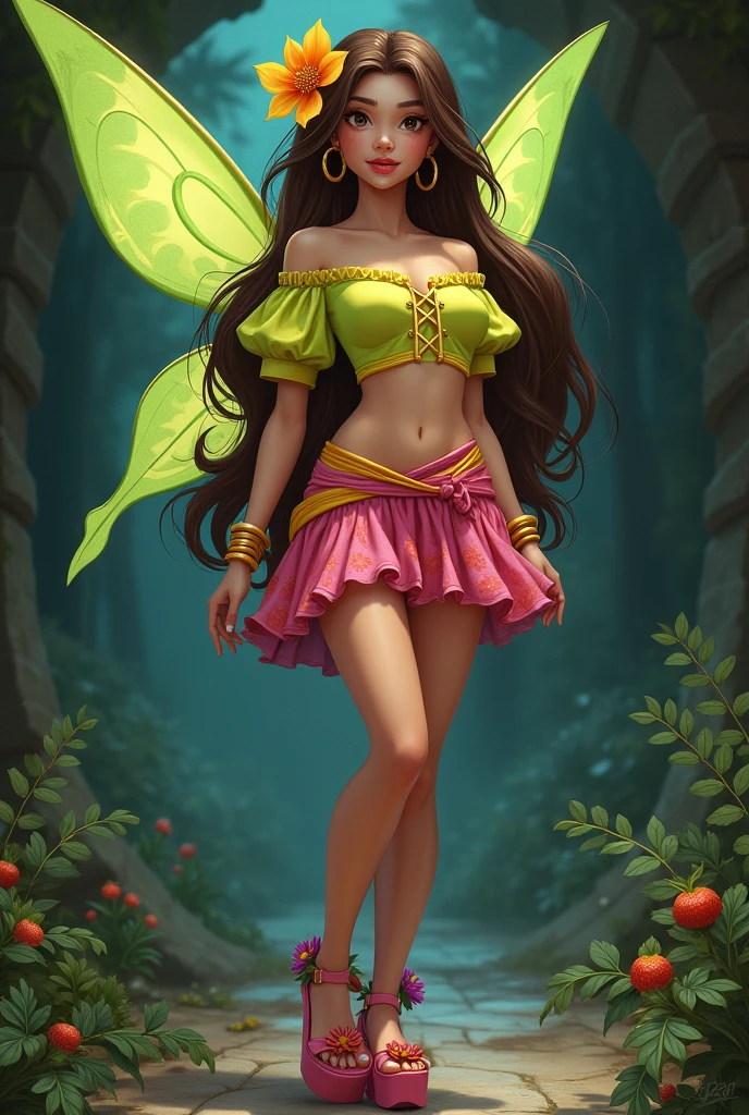 Flora's a beautiful fairy,brown long hair with a flower in her head,civilian outfit is a bright yellowish-green off-the-shoulder smock top with puffy short sleeves that bares her midriff and belly, a pink wrap miniskirt with little slits on both sides, and with strawberry patterns of a darker shade with a thin yellow belt that hangs midway down the skirt, and pink platform sandals with fuchsia-colored flowers by her ankles. As for accessories, she wears wide golden hoop earrings and two sets of yellow bangle bracelets on each wrist (in some occasions, she wears two purple bangles and a yellow-green set too) but make it 1980 dark fantasy movie