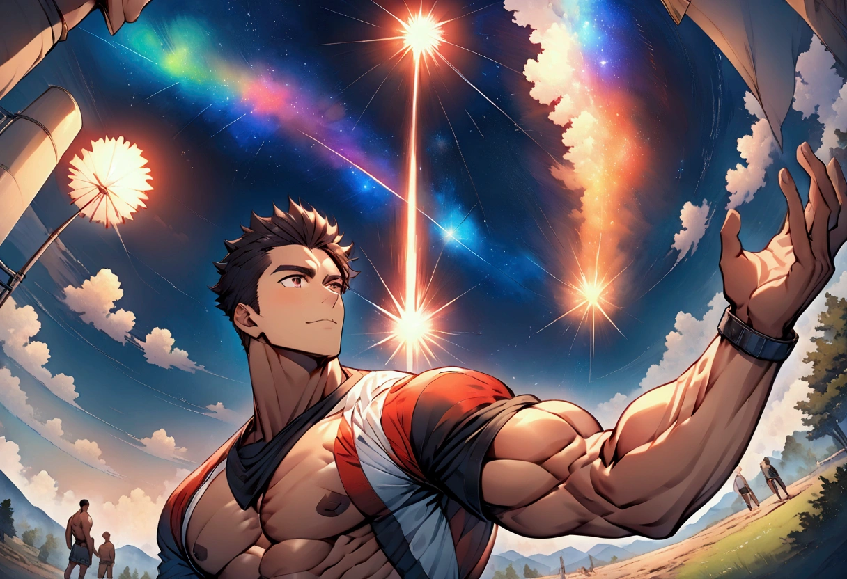 Highest quality、High resolution、Super detailed、(muscular male:1.5)、(father:0.5)、Short Hair、Sports haircut、short hair、camp site、Looking up at the starry sky、A fun atmosphere、3boys、Ultra wide angle