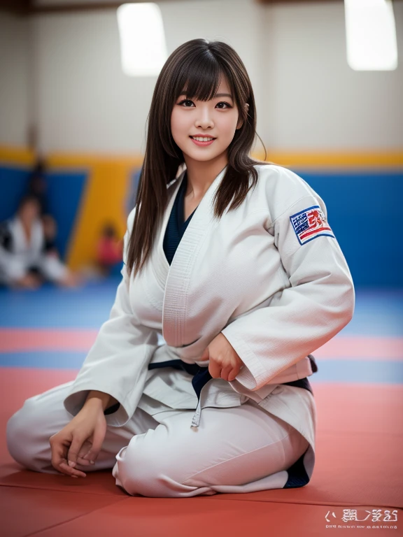 (Best Quality:1.2), Raw photo, High resolution, perfect detail, Professional Photography, Professional Lighting, Sharp Focus, Very beautiful cute woman , Japanese woman, 2, Beautiful detailed face and eyes, Detailed double eyelids, droopping eyes, dark hair, with bangs, ponytail, round face, smiling, (huge breast:1.3), judo player, judo uniform, judo hall (full-body shot:1.3)