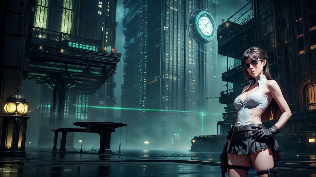 (Wide angle view). Matrix film inspired city, simple outlined neon tall buildings, glowing giant clock tower, lightning, close-up glowing matrix cascading code, 3D rendering Beeple. At night, (1girl, solo, alone), photorealistic, large-breast slim:0.6 body, oval:0.5 face, cleavage:1.1, miniskirt, deep-v, ((upskirt)), glove, (Matrix style black micro sunglasses), ((aiming viewer with a short gun)), (half-body thigh level close-up shot), cinematic lighting, ray tracing.