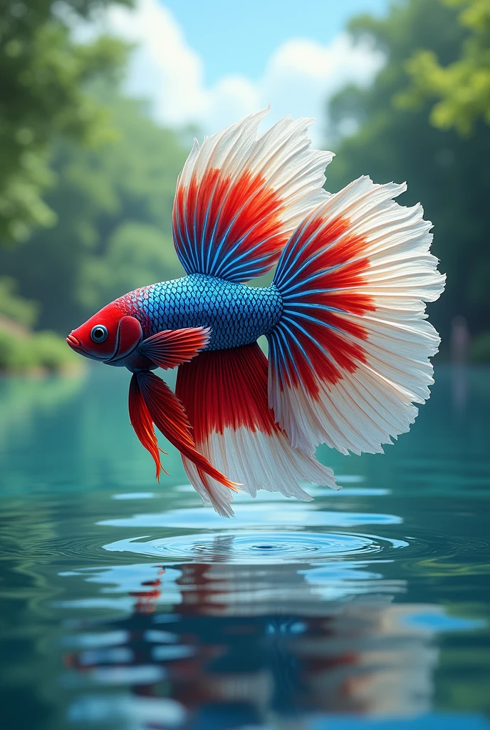 A RED BLUE AND WHITE BETTA FISH IN A BEAUTIFUL LAKE