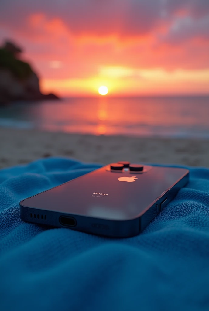 (photorealism:1.2), black iphone 15 on blue beach towel at sunset