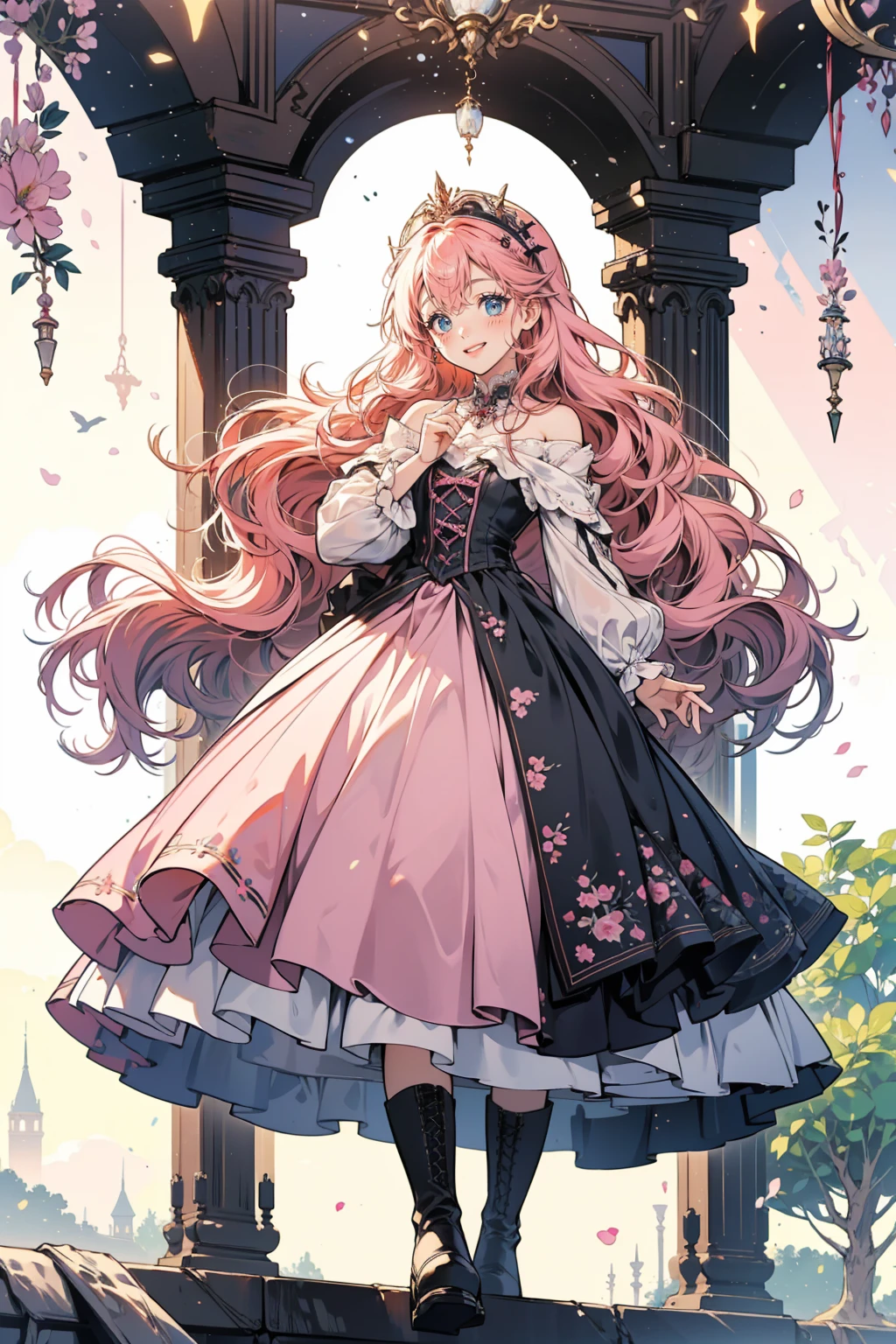 Anime Style、Storytelling、、beautiful girl、とてもcute天使、Pink Gothic Dress、cute、Baby Face、smile、Long skirt、Black long boots、Very cute headband
