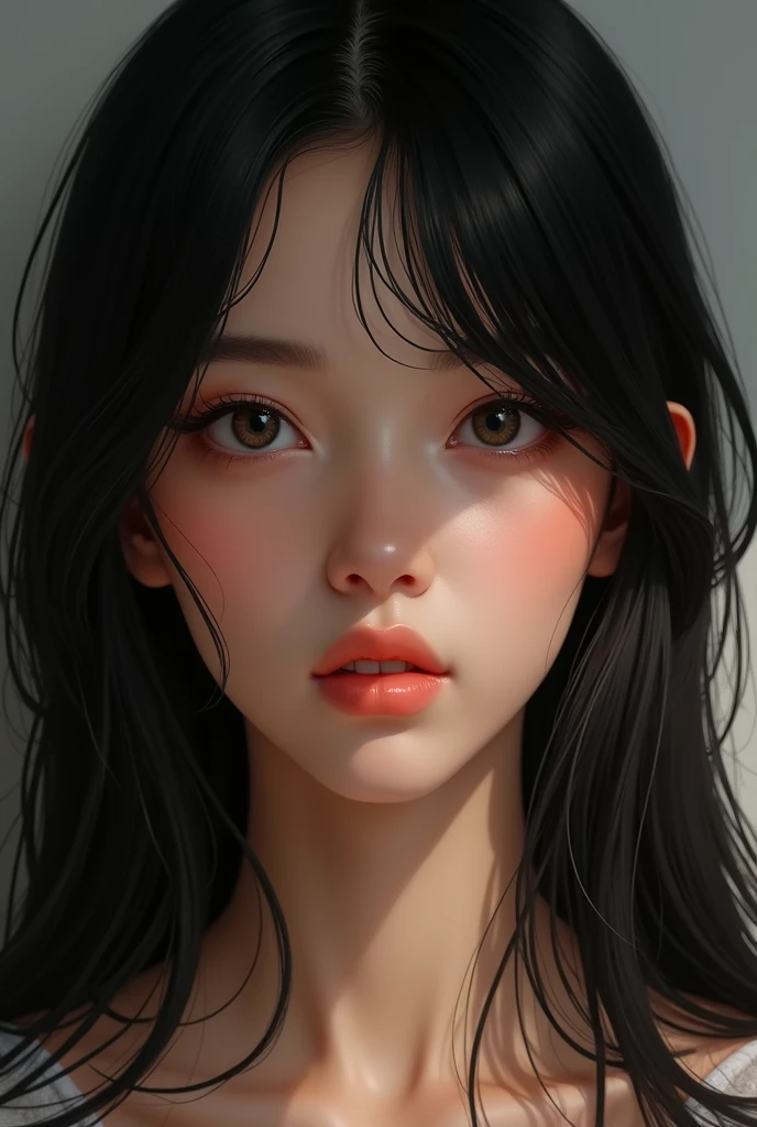 Generate a brunette girl with straight black hair, straight straight hair, medium-sized eyes with cute eyelashes