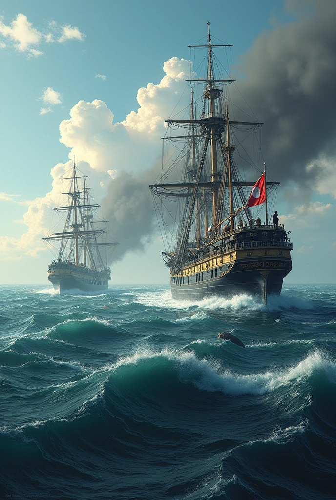 The Peruvian monitor Huáscar confronting the Chilean ship Esmeralda on the high seas, with Miguel Grau on the deck of the Huáscar.