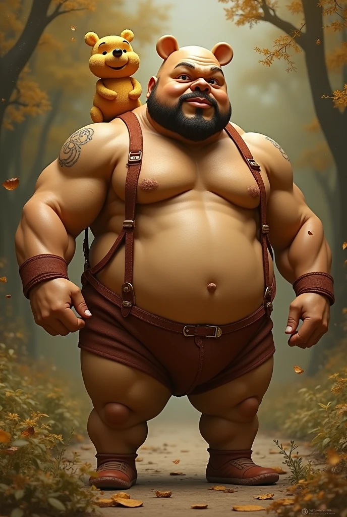 Create an image where you merge Mark Henry from WWE and Winni Pooh but in brown