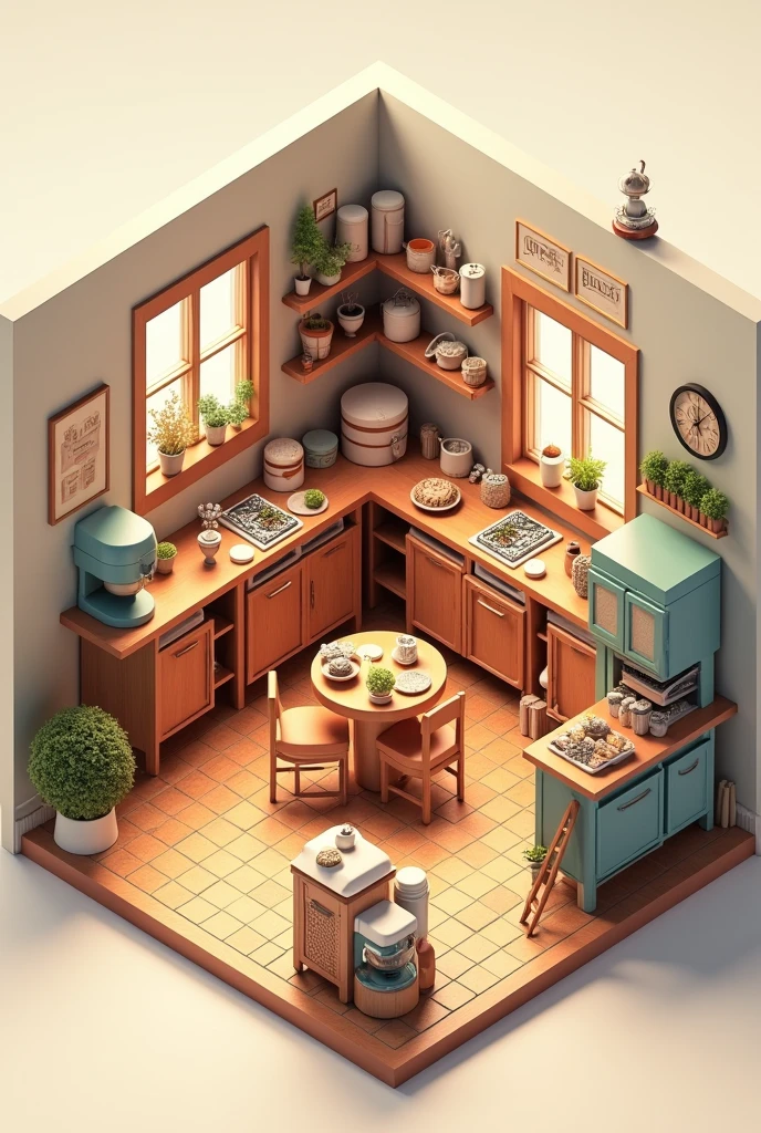 (photorealism:1.2), hobby room which is bakery hobby. miniature layout, isometric view. room is round and tidy.