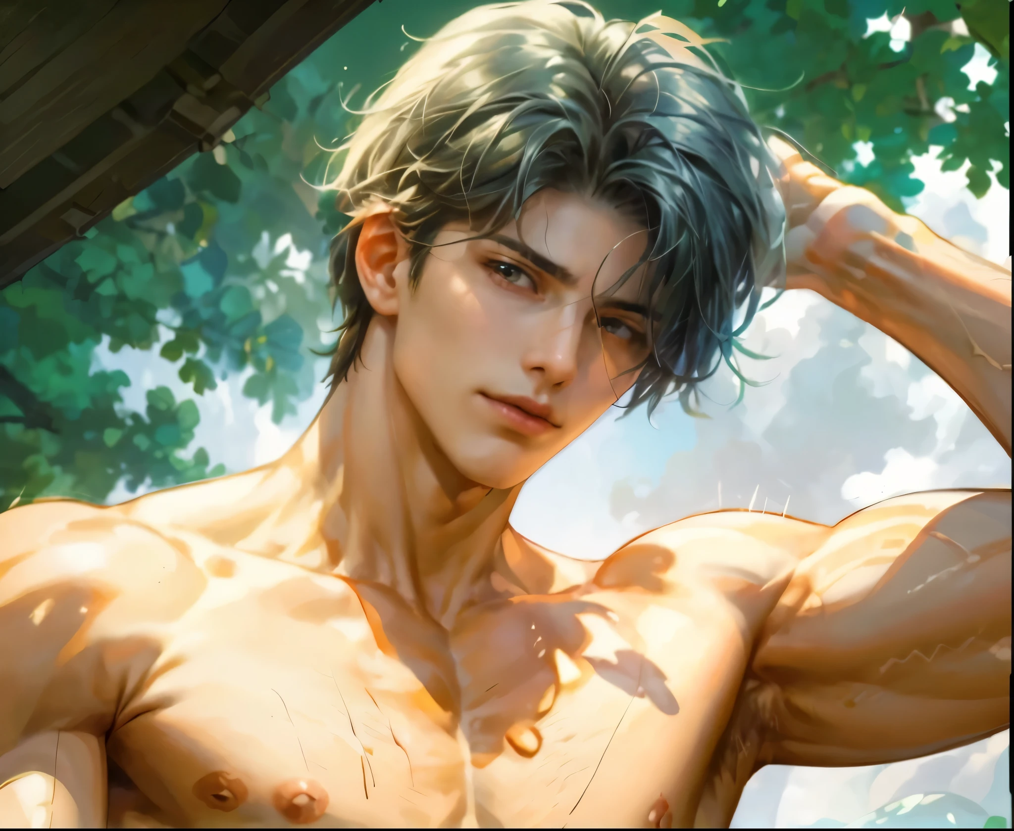 ((Best quality)), ((masterpiece)), (detailed), ((perfect face)), ((halfbody)) handsome face, male,  boy,  perfect proportions , and his lover, long hair, male version , detailed workshop background, detailedscenery background 