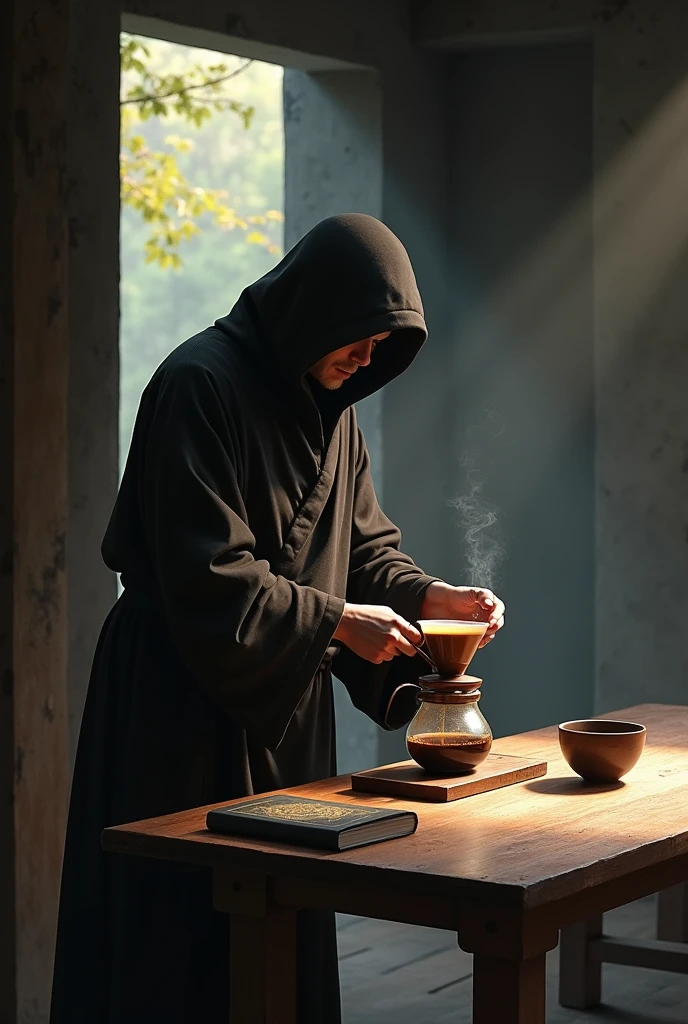 Monk preparing coffee