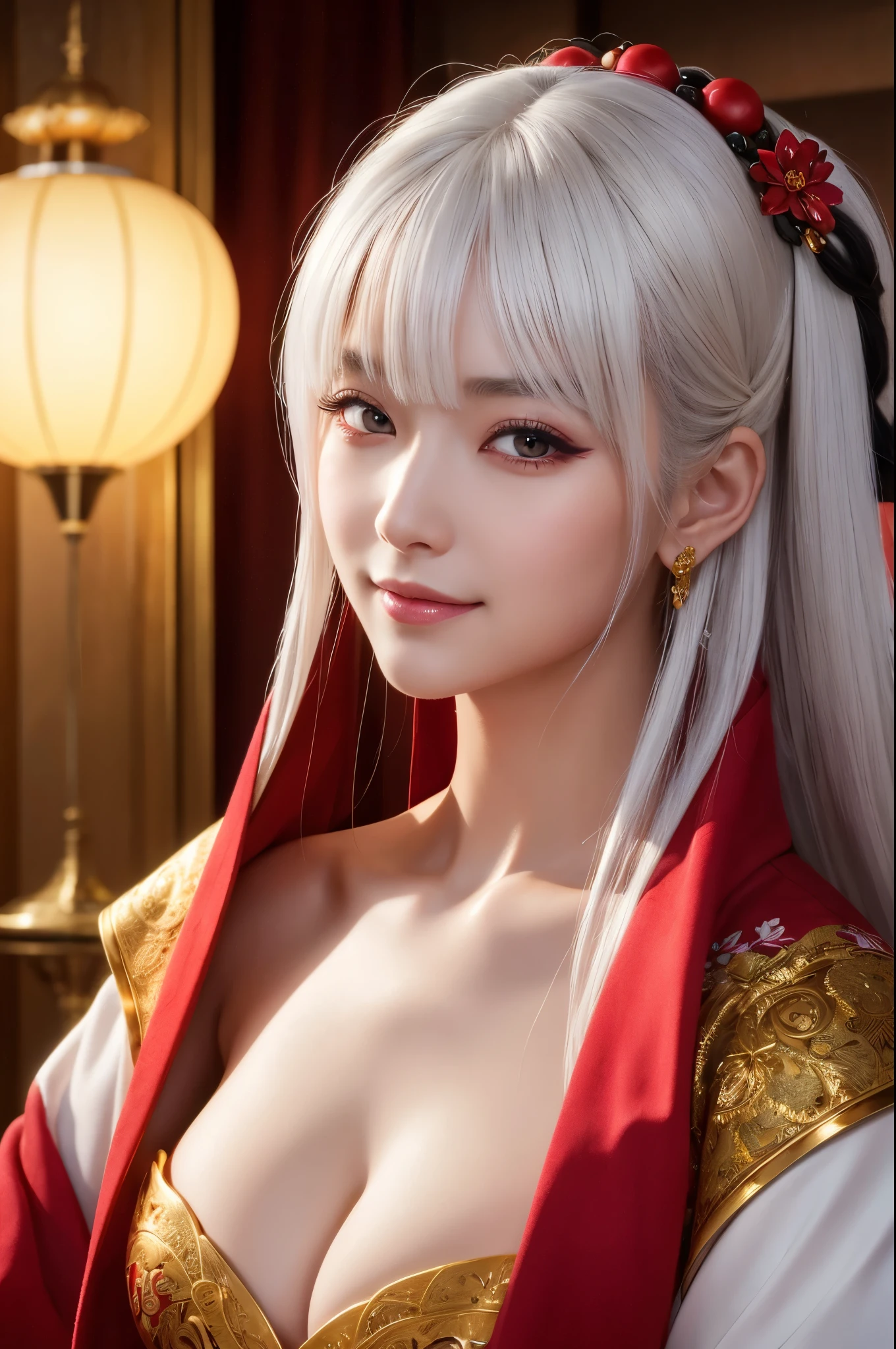 (8k,Photorealistic RAWphotograph Highest quality;1.4) A mature woman with beautiful white hair) Super Beautiful Japanese White Hair God (A vivid face) Costumeを着た中程度の胸の女性の接写, Japanese Mature God,Big smile,Beautiful Fantasy Empress, Beautiful and attractive anime woman, Gweiz-style artwork, 8kの高品質で詳細なアート, Very detailed artgerm, Palace-like , Beautiful character drawings, Anime, Seductive anime woman 白い絹で作られたJapanese Kimono (Costume) 超High resolution Beautiful expression Surreal (Realistic Skin) Ultra-high density (Tabletop, Highest quality, Realistic, High resolution, photograph, :1.3) Super flashy makeup Golden Eyes Japanese Kimono Black and red bands Golden Band Code Red Rouge Beautiful black hair,Highest qualityのPhotorealisticRAWphotograph。Backlight、Cinema Lighting、Film Grain、50mm lens、Nikon D850、Ultra-Realistic Skin、Fantasy art、Character Art、超High resolution、muscular and slim body、Ultra-Realistic Skin,Perfect hands(Anatomical modeling),Oiran-style makeup,Very large breasts,