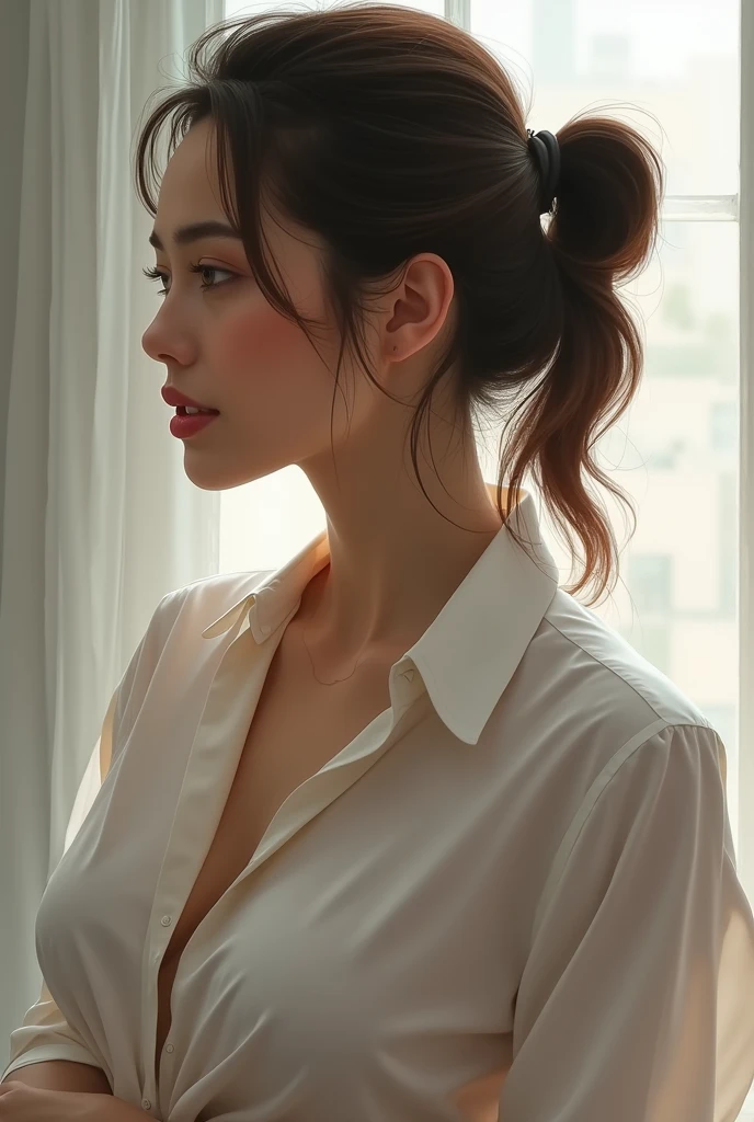 ((work of art, best qualityer)), a woman in a shirt , olhando de lado, with a ponytail