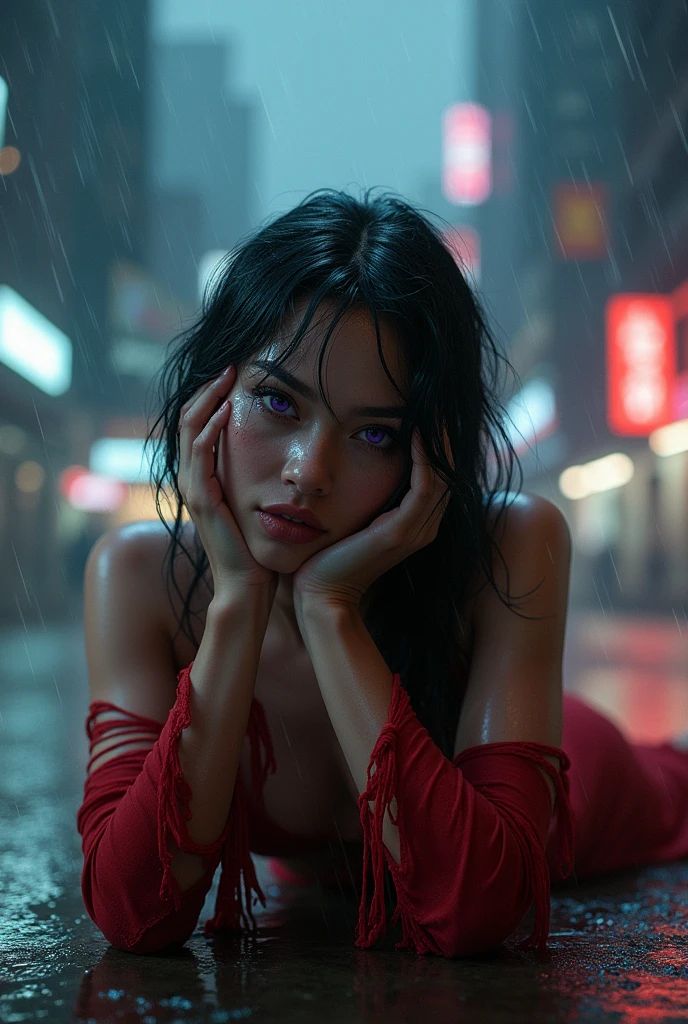 A naked  girl with purple  eyes  in red torn suit and wet body and laying up down in cyberpunk city asphalt and rainy weather and watching me with smile without bra