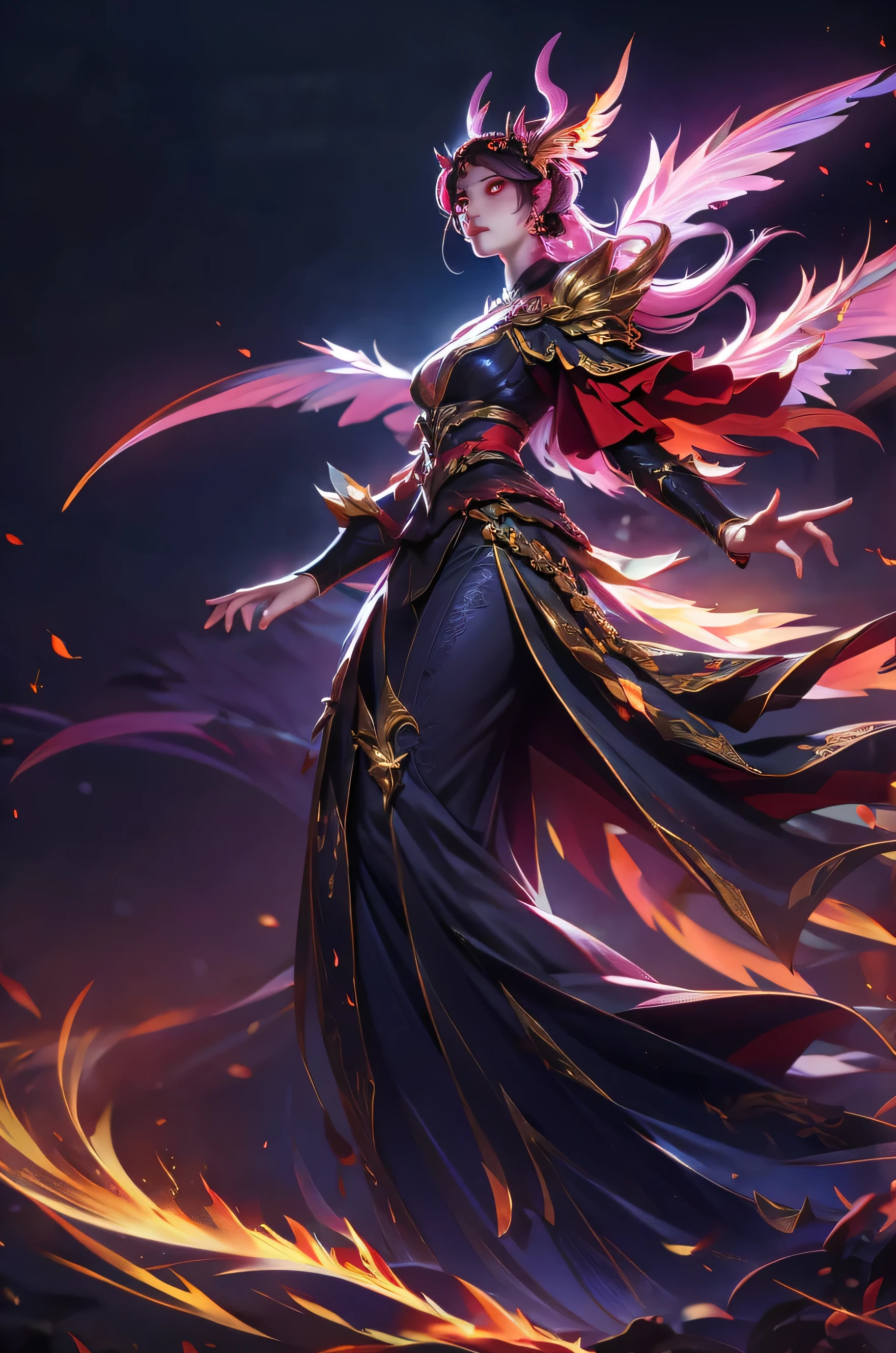 One girl, staring into the distance, nape of the neck, profile, burning eyes, Tokyo Eater, flaming, large wings, night sky background, full body shot