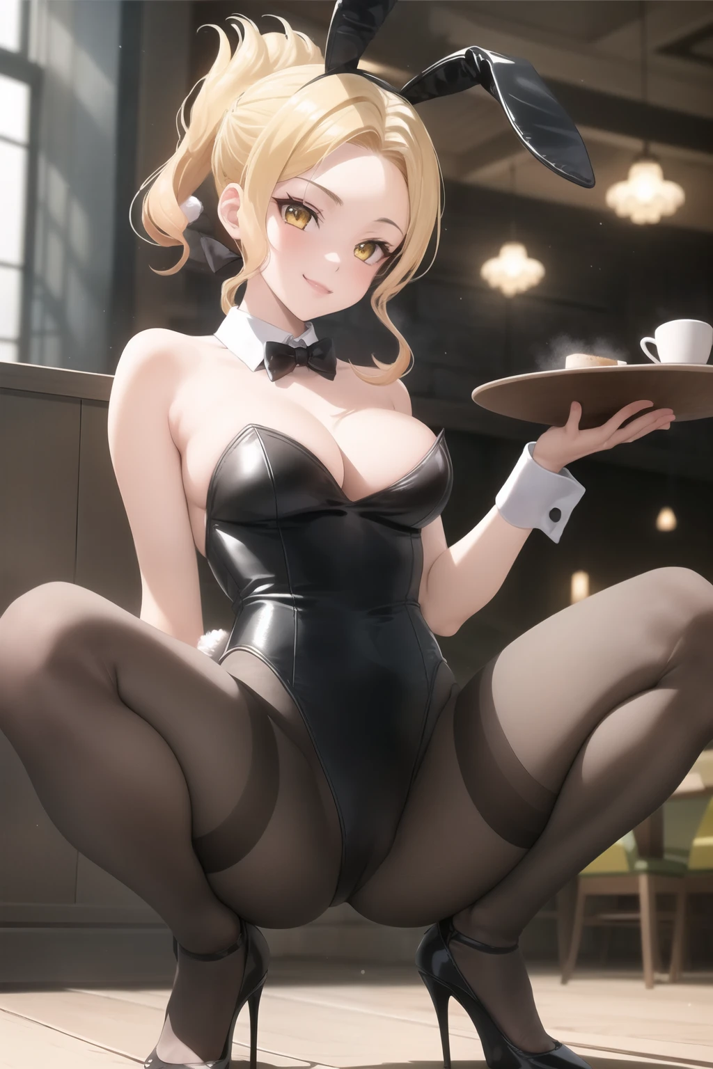 One girl, (Luna), Blonde, Folded ponytail, Side Lock, Yellow Eyes, smile, medium breasts, (black playboy bunny), (black fake rabbit ears), (black pantyhose), (black high-heels), squatting, spread legs, cowboy shot, indoor, cafe,