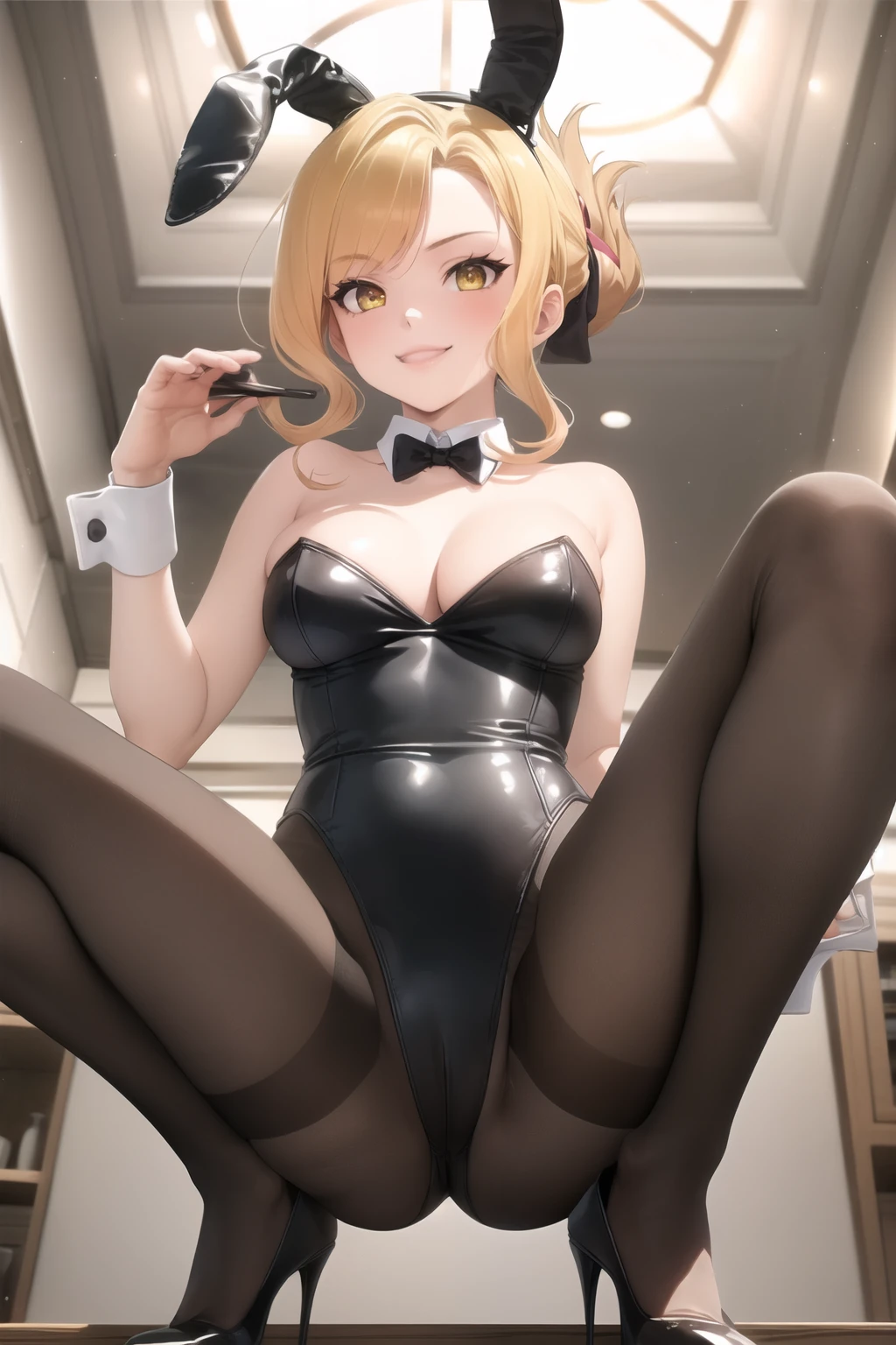 One girl, (Luna), Blonde, Folded ponytail, Side Lock, Yellow Eyes, smile, medium breasts, (black playboy bunny), (black fake rabbit ears), (black pantyhose), (black high-heels), squatting, spread legs, (from below: 1.3), cowboy shot, indoor, cafe,