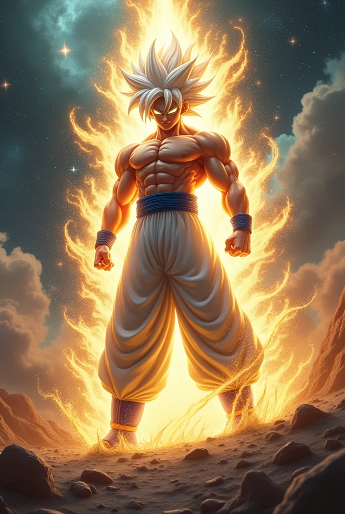 Goku as most powerful god in his ultimate form in white hair make his forehead goldly and show that he is destroying universe