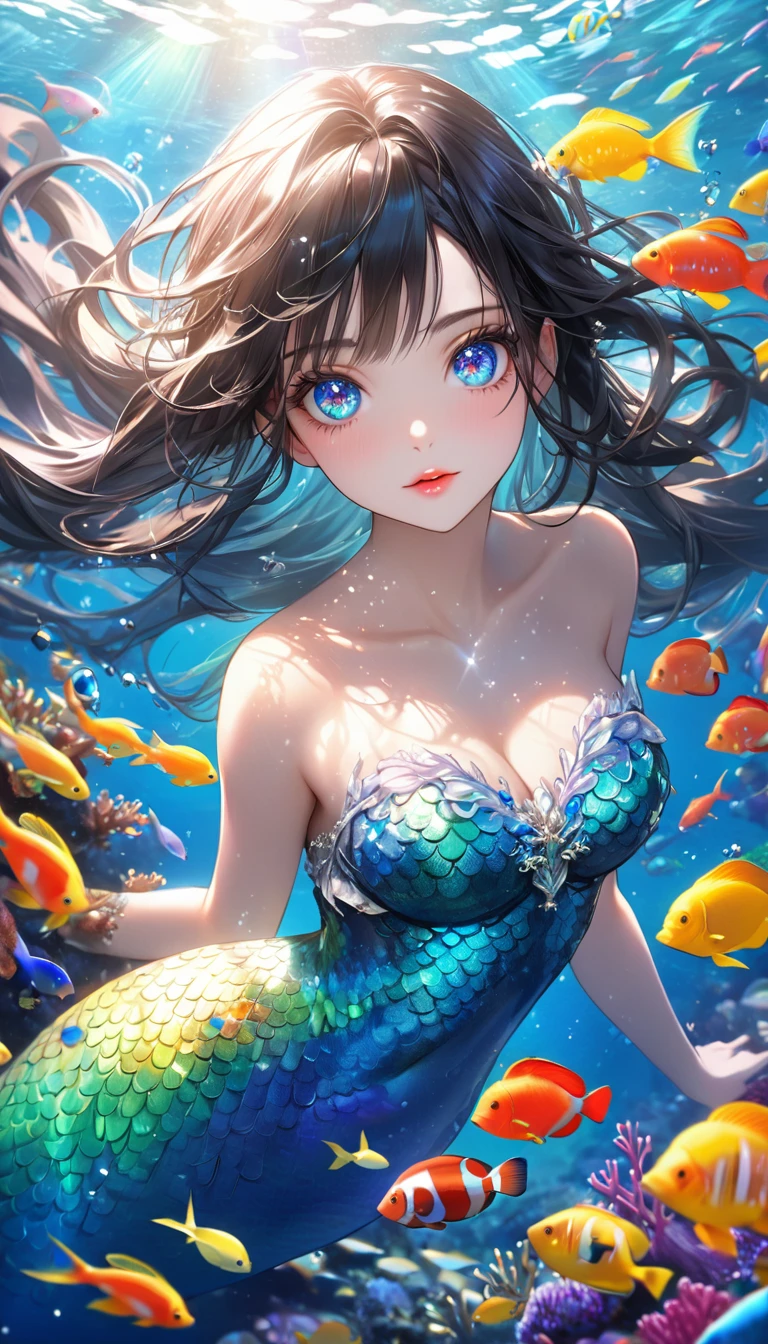 beautiful detailed eyes, beautiful detailed lips, extremely detailed eyes and face, long eyelashes, 1 girl, anime style, vibrant colors, cool beauty, black hair, long straight hair, bangs above eyebrows, thin almond-shaped eyes, bright eyes, piercing gaze, sparkling eyes, large bust, in a beautiful coral sea, 100 small tropical fish, sunlight, 1000 glowing particles, rainbow, a beautiful mermaid princess happily swimming with colorful tropical fish, long hair, looking towards the viewer, high resolution, best quality, ultra-detailed, realistic skin texture, large bust, blue eyes, sparkling effects