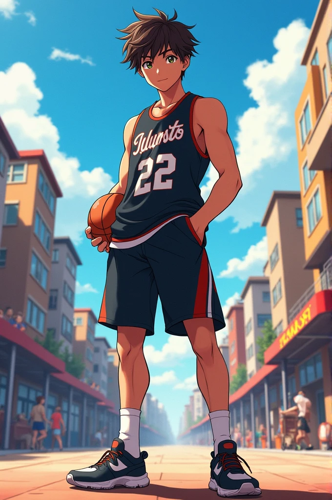 A teenager wearing a Dodgeball team tank top, sports shorts, long socks and sports shoes. Dark brown hair and brown skin. He's masculine, アニメ