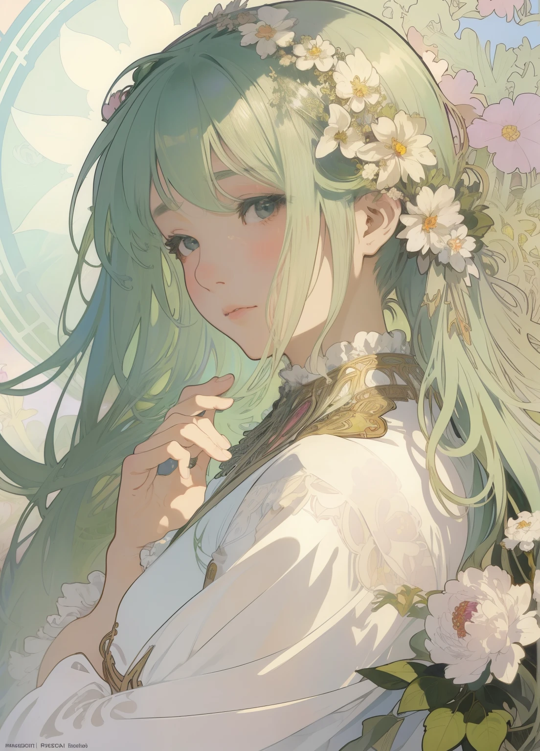 (masterpiece、Highest quality、Highest quality、Official Art、beautifully美しい:1.2)、(One person:1.3)Hatsune Miku、Twin tails,Beautiful breasts, Katsushika Hokusai,1 girl, (masterpiece, Highest quality, Highest quality, beautifully、aesthetic: 1.2), (1 girl: 1.3), flower, Delicate clothing, square picture flame, ((face)), cool face, beautiful white flower flowing background,(Alphonse Mucha's),Gradient color hairstyle, Very detailed, Soft Light, Gentle colors, alone, Long white hair, Dutch Angle, flame, profile, Short neck,Crown, Church clothing, Dutch Angle,