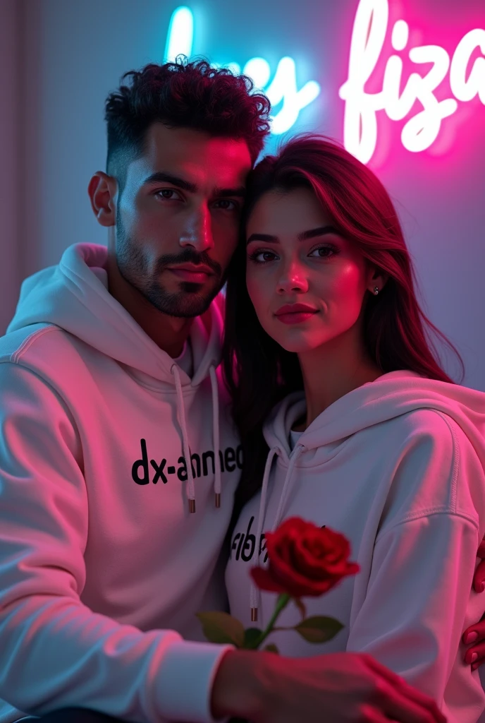 A 8K detailed portrait ultra HD qulaity of a handsome man and a beautiful 30-year-old woman in white hoodies. "Dx-Ahmed" is on his hoodie, "Fiza" on hers. She holds a red rose while sitting, with a neon-lit wall behind them reading "Dx-Ahmed loves Fiza." The mood is romantic and serious.