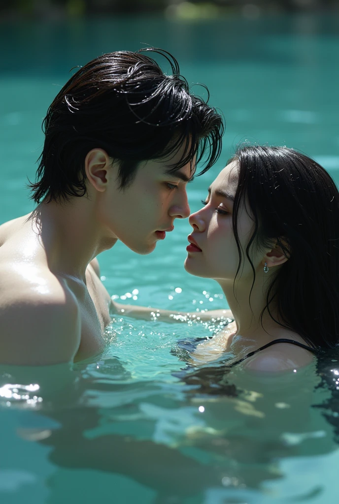 A lake with crystal-clear waters from its depths emerges a white-skinned boy, DARK hair, Grey eyes and a deep and enigmatic look. His facial features are defined, with a defined jaw and high cheekbones, Drops of water slide from her hair and she has a mischievous expression, In front of him is a girl with long hair, black and looks wet as it is also inside the lake, Her skin is white and her face is asymmetrical and perfect., She is swimming and wearing a swimsuit and he is watching her