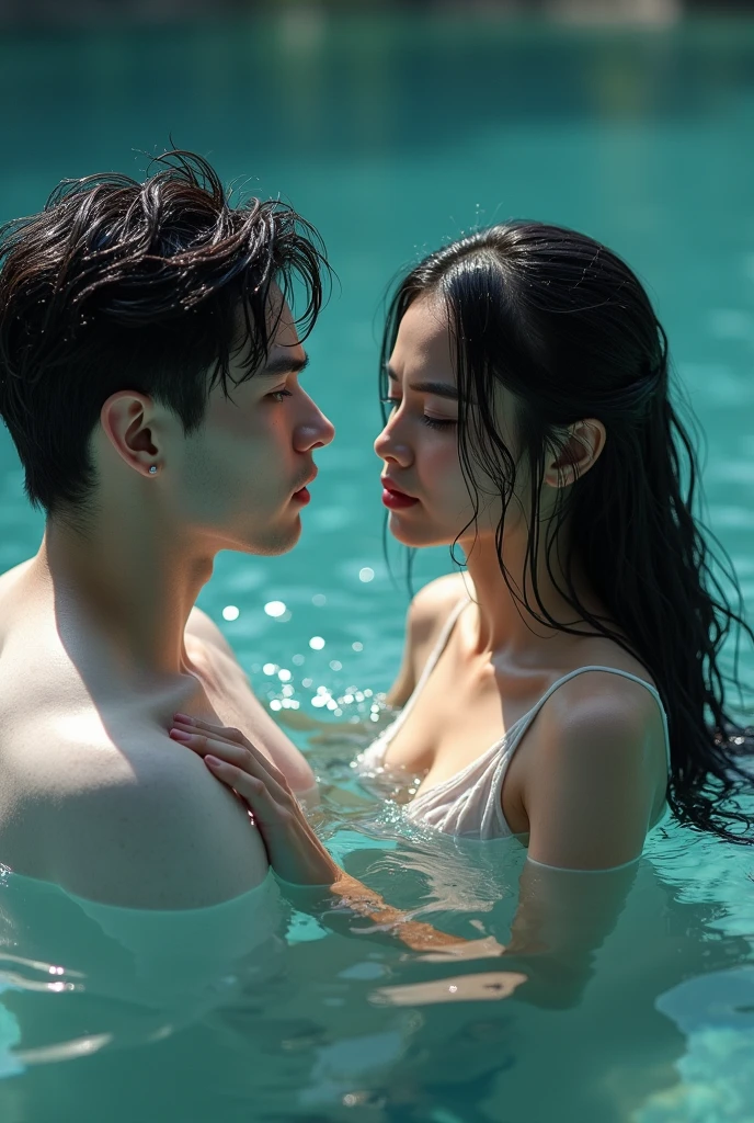 A lake with crystal-clear waters from its depths emerges a white-skinned boy, DARK hair, Grey eyes and a deep and enigmatic look. His facial features are defined, with a defined jaw and high cheekbones, Drops of water slide from her hair and she has a mischievous expression, In front of him is a girl with long hair, black and looks wet as it is also inside the lake, Her skin is white and her face is asymmetrical and perfect., She is swimming and wearing a swimsuit and he is watching her 