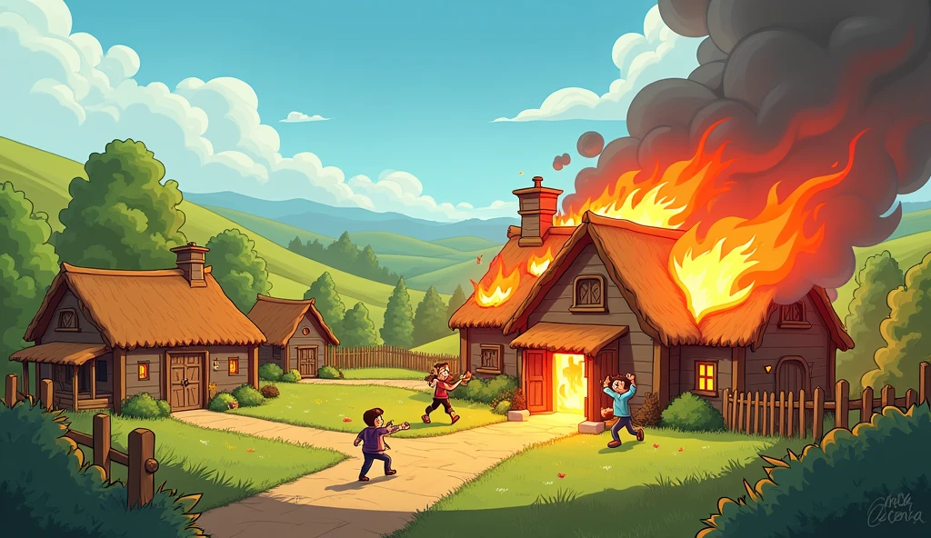 Create an cartoon image of a burning 2-3 house of a village