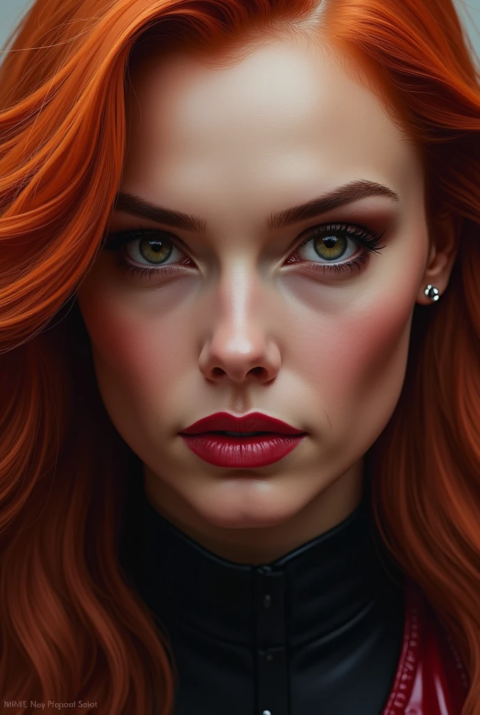Wanda Maximoff, Red hair, , Marvel, Scarlet witch, Red orange Hair Face to Face. Evil looking, high realism, wanda Vision