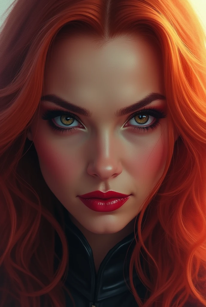 Wanda Maximoff, Red hair, , Marvel, Scarlet witch, Red orange Hair Face to Face. Evil looking, high realism, wanda Vision