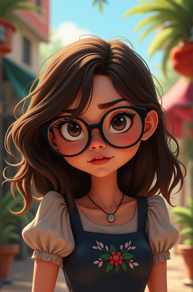 A funny Disney image of an evil girl with a brunette and fat half-length glasses