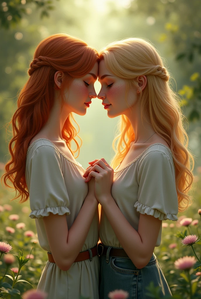 Blonde woman, ginger woman with freckles, holding hands, romantic scenery, realistic, detailed