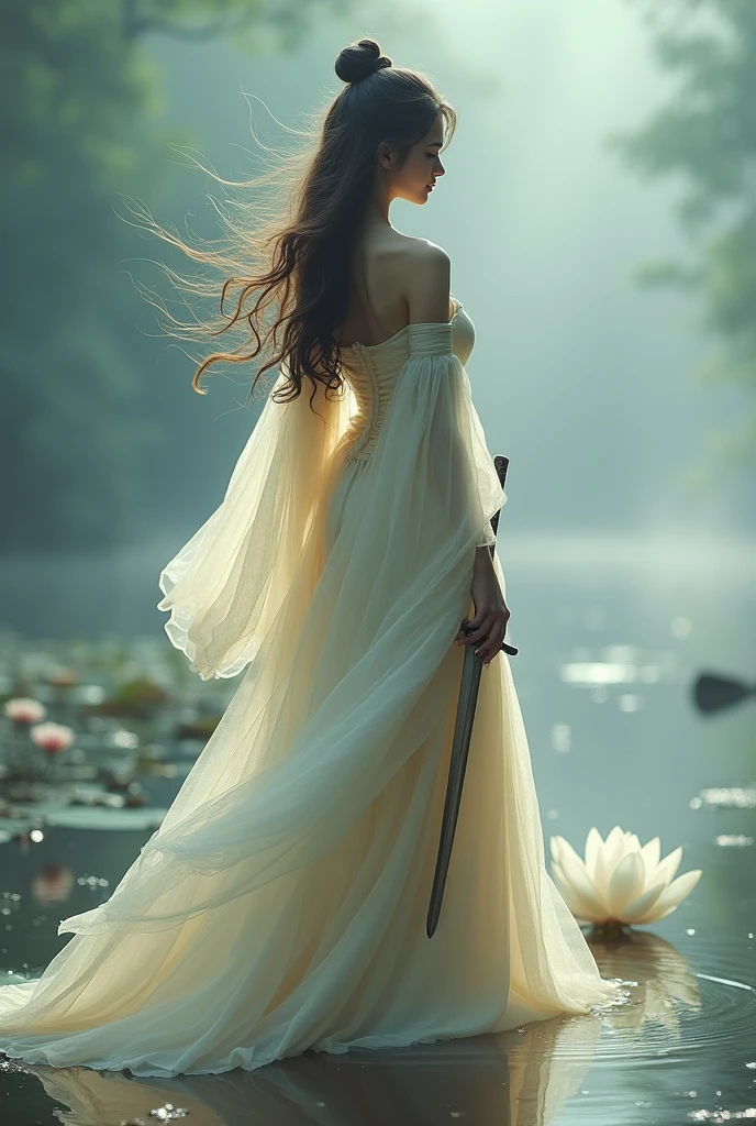 1girl, happy, elegant, silk, tullece, dress, off-shoulder, cowboy shot, see-through, white lotus, glowing, fog, mist, river, ((holding a sword, ninjas, photostock, female actress from korea, veil, agile, photo from a promo shoot, cryptoblades, asian female, fighters)), Best quality, masterpiece, ultra high res, photorealistic, raw photo, unity 8k wallpaper, ((1 sword:1)), 