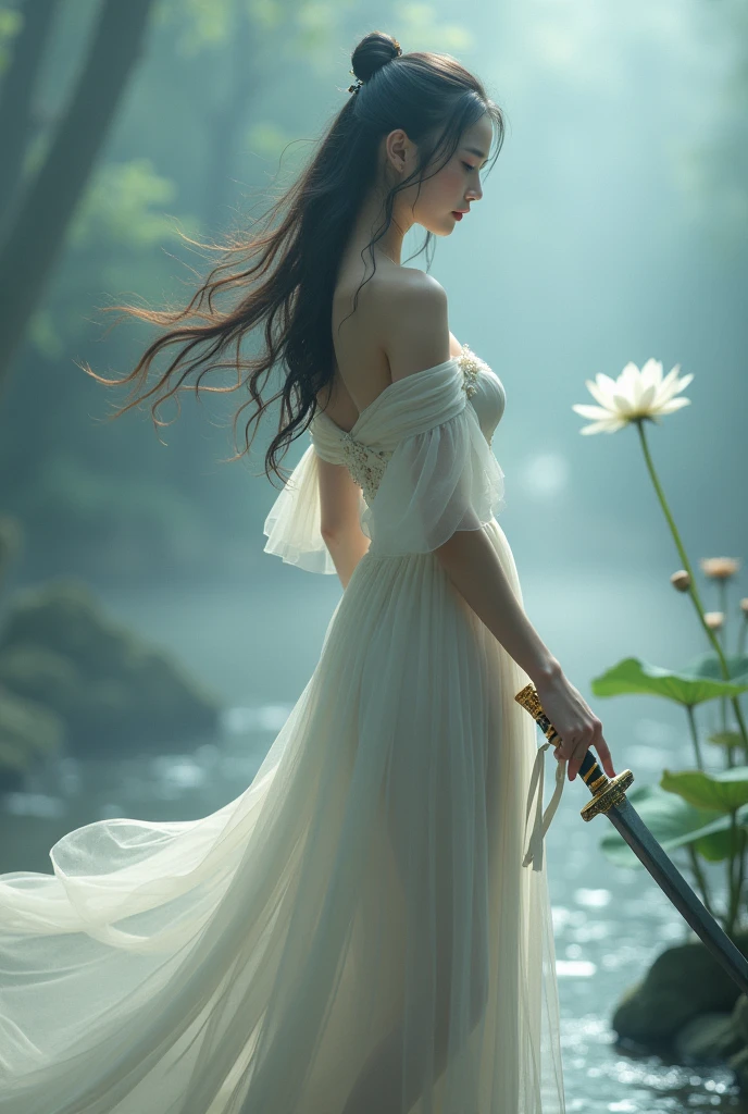 1girl, happy, elegant, silk, tullece, dress, off-shoulder, cowboy shot, see-through, white lotus, glowing, fog, mist, river, ((holding a sword, ninjas, photostock, female actress from korea, veil, agile, photo from a promo shoot, cryptoblades, asian female, fighters)), Best quality, masterpiece, ultra high res, photorealistic, raw photo, unity 8k wallpaper, ((1 sword:1)), 