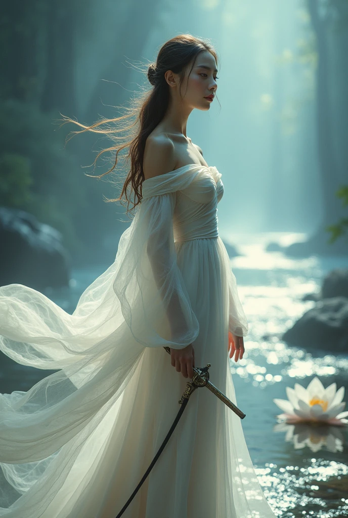 1girl, happy, elegant, silk, tullece, dress, off-shoulder, cowboy shot, see-through, white lotus, glowing, fog, mist, river, ((holding a sword, ninjas, photostock, female actress from korea, veil, agile, photo from a promo shoot, cryptoblades, asian female, fighters)), Best quality, masterpiece, ultra high res, photorealistic, raw photo, unity 8k wallpaper, ((1 sword:1)),
