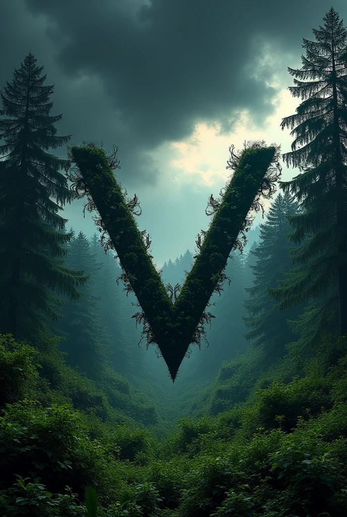 v initial drawing logo in a green forest with angry black cloud