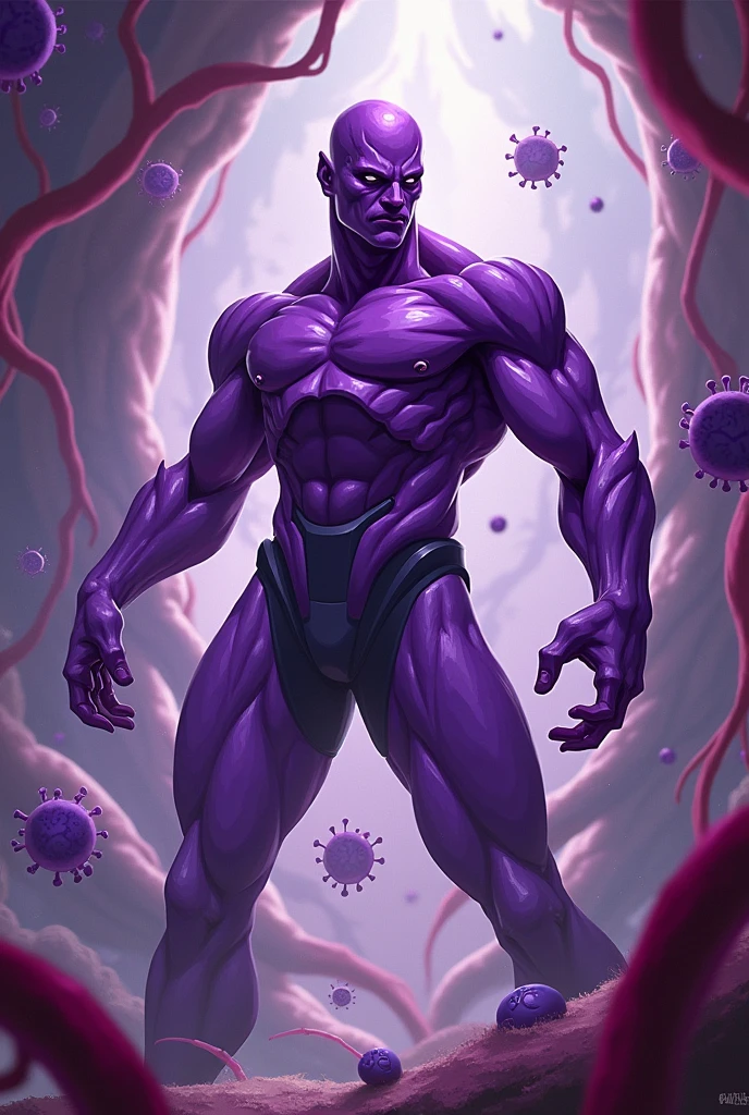 Generate an image in the style of RPG cards: It must have a character in the middle doing some pose, this character needs to be purple with segments because he's an neutrophil. If you can, design an human that looks like an neutrophil. The background of the you can create but must be related to immunology or hematology.