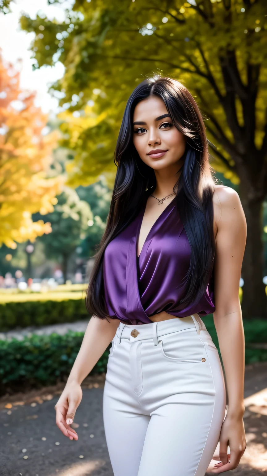 Realistic full body photo of a smiling, Young black-haired woman with long hair, She dances in front of the camera in a purple silk blouse with tight white pants...., Park,glamour fotoshooting, Park, perfect anatomy, perfect brown eyes. Perfect hands with 5 fingers on each hand, Matching girl, looking at the camera, 1 Frau. (Eye make up:1.1), (highly detailed skin:1.1), spirit, analog style, keen focus, 8K  UHD, dslr, good quality, Fujifilm XT3, Grain, Award-winning, ​masterpiece. Park