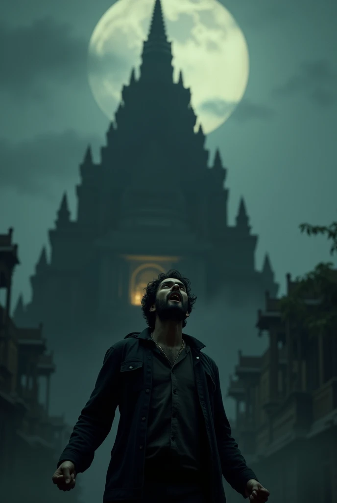 naughty man ,shouting up ,in the dark ,temple in the background.