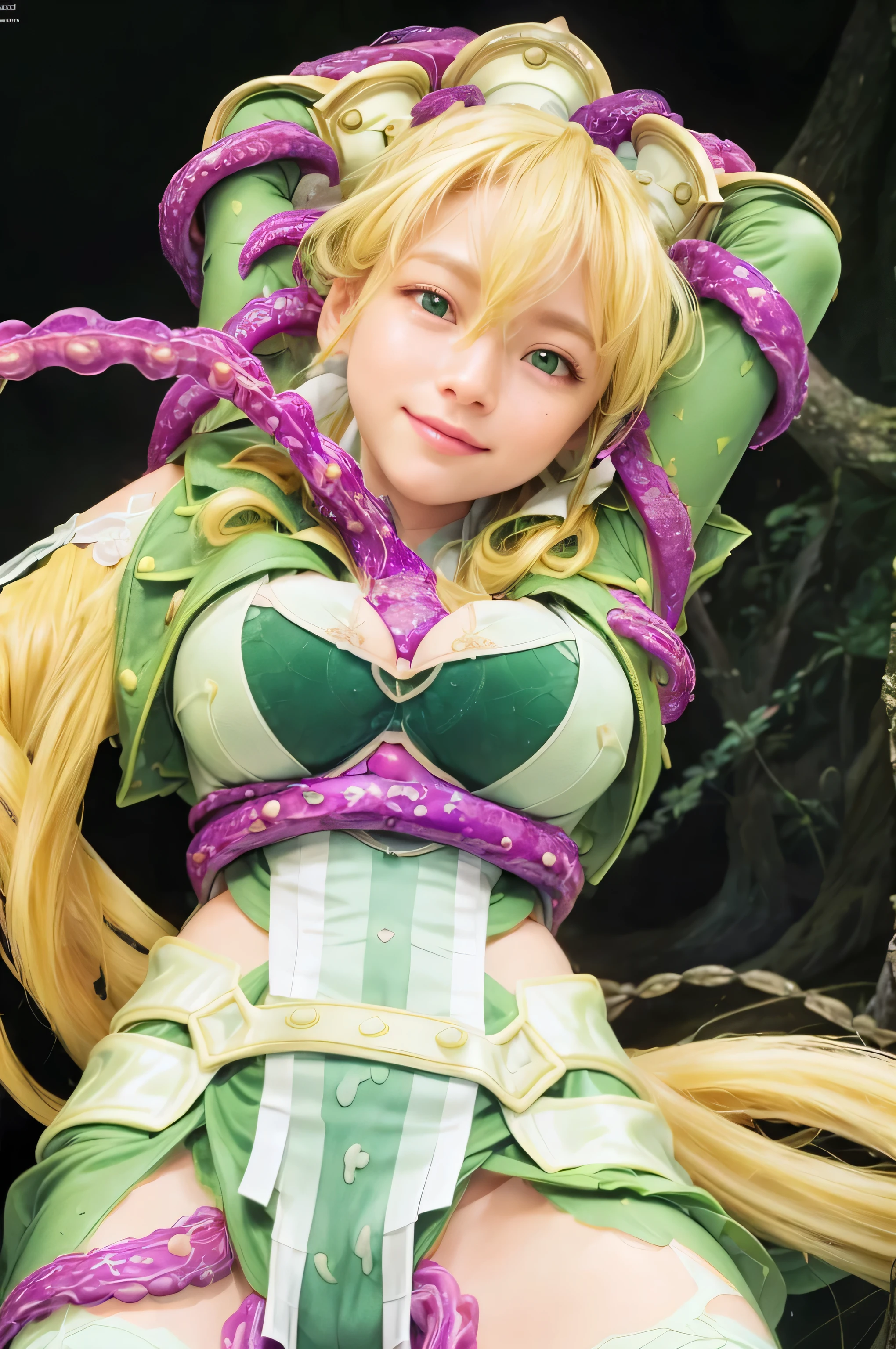 masterpiece, best quality, (realistic,photo-realistic:1.4), (RAW photo:1.2), extremely detailed CG unity 8k wallpaper, delicate and beautiful, amazing,finely detail, official art, absurdres, incredibly absurdres, huge filesize, ultra-detailed,extremely detailed eyes and face,light on face,alice zuberg,(little smile),(blonde hair:1.4),(long hair:1.4),(ponytail:1.4),(wearing green lingerie:1.5),(cave background:1.4),(tentacle on body:1.6),