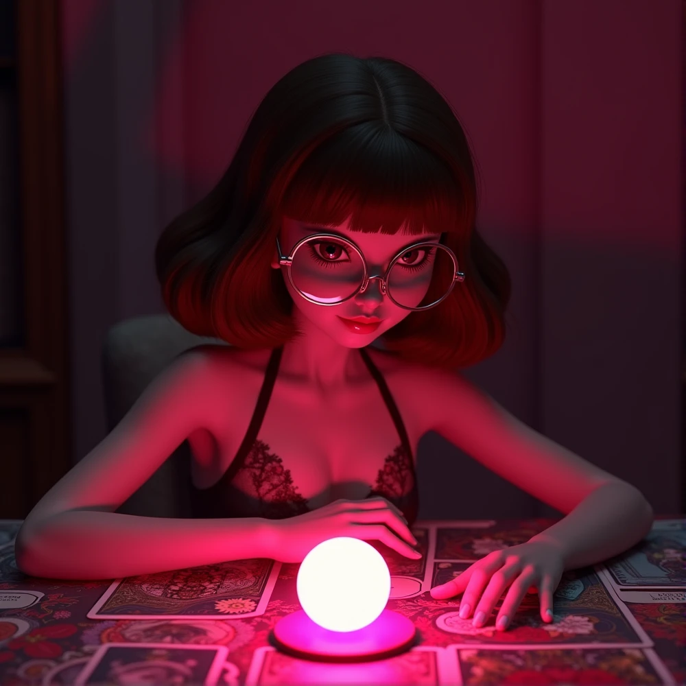 Sexy doll bartz without bangs in round glasses with brown hair, in front of her on the a lot of tarot card table. There is a dark atmosphere around. There is a pink night light on the table that makes the room pink