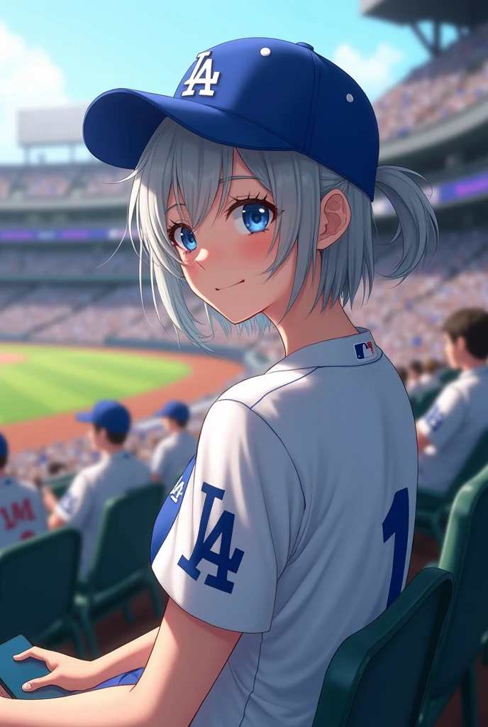 nsfw (RAW Photos, Highest quality, masterpiece: 1.2), (Realistic: 1.4), Best lighting,Japanese、 20-year-old,Beauty (Light grey hair, Shortcuts, Hair above the ears, Symmetrical eyes, Fair skin, alone, Detailed skin, Detailed Background:1.2), Front view, smile, Angle from field to spectator seating, Sitting in the stands at a baseball stadium watching the game, Holding the iPhone 15 Pro in one hand, Many spectators, Wearing a Los Angeles Dodgers baseball cap and Los Angeles Dodgers uniform, Large Breasts,Big Breasts, accessories, Tie your hair back, Daytime, Exposure to sunlight