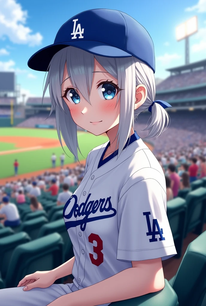 nsfw (RAW Photos, Highest quality, masterpiece: 1.2), (Realistic: 1.4), Best lighting,Japanese、 20-year-old,Beauty (Light grey hair, Shortcuts, Hair above the ears, Symmetrical eyes, Fair skin, alone, Detailed skin, Detailed Background:1.2), Front view, smile, Angle from field to spectator seating, Sitting in the stands at a baseball stadium watching the game, Holding the iPhone 15 Pro in one hand, Many spectators, Wearing a Los Angeles Dodgers baseball cap and Los Angeles Dodgers uniform, Large Breasts,Big Breasts, accessories, Tie your hair back, Daytime, Exposure to sunlight