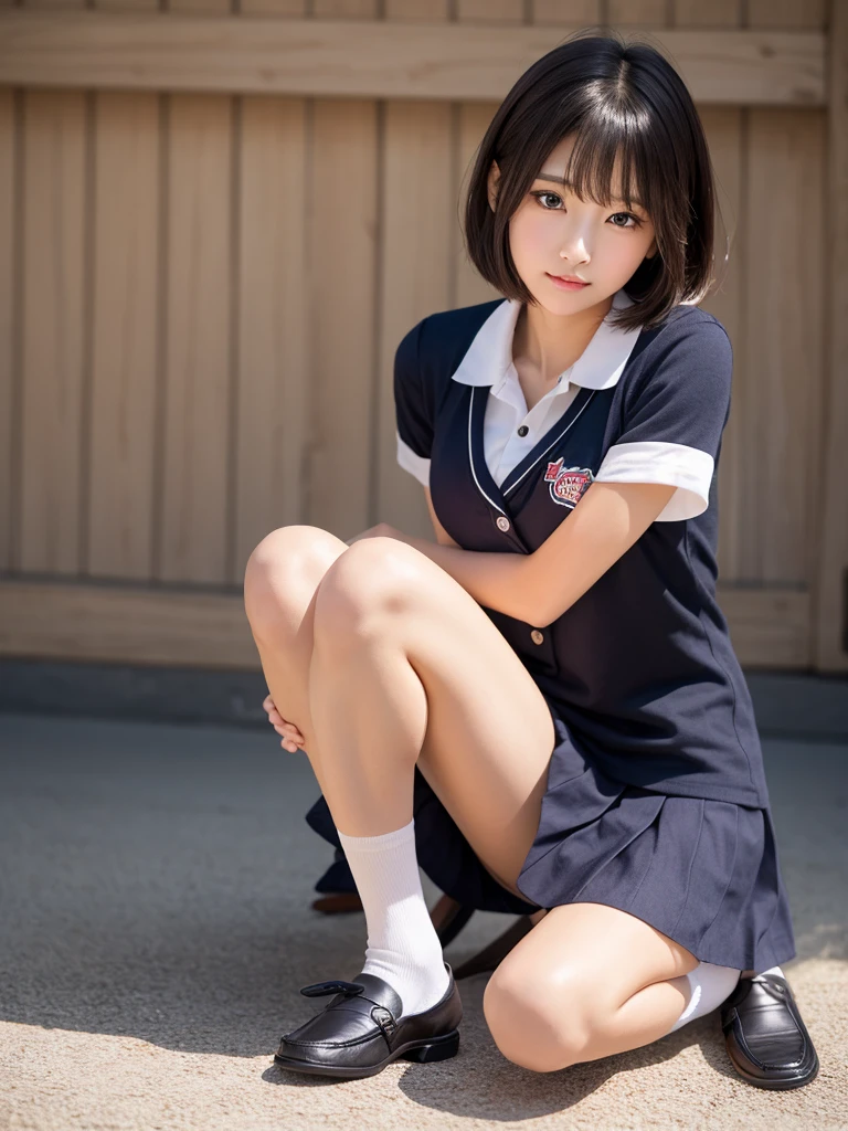 1 high school girl、1、very cute、Wearing a high school uniform、raising her upper body、Bend your legs and raise your knees、Hold your knees in front of your chest:1.1、Black socks、Brown Loafers、Thin legs、Beautiful feet、解剖学的にCorrect limbs、Correct limbs、Glancing sideways at the camera、blush、Very embarrassed、short hair、High resolutionの顔、The face is in focus、Ultra high definition and beautiful eyes、Eyes are symmetrical、High quality and beautiful skin、Firm Skin、masterpiece、High resolution、8k、Highest quality