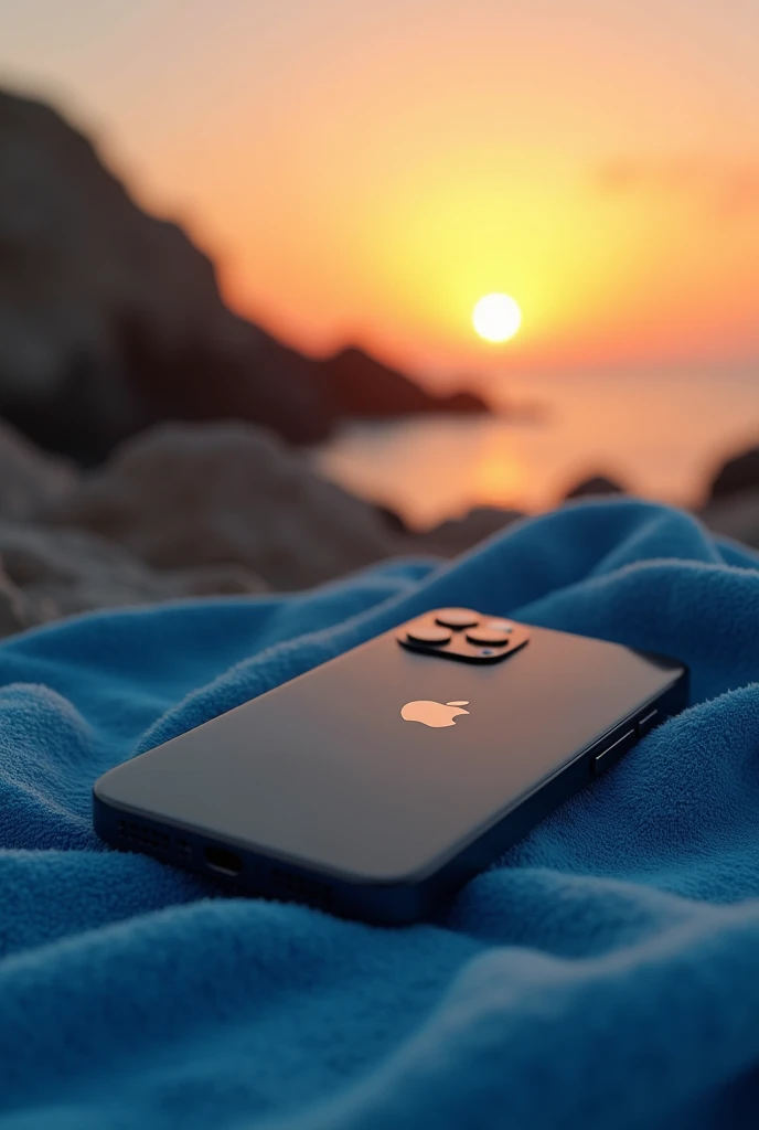 (photorealism:1.2), black iphone 15 with logo apple on blue beach towel at sunset